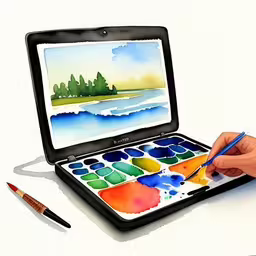a person holding a pencil and painting with paint,a painting on a laptop with a person holding a pencil