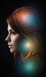 a girl in profile with a blue sky behind her