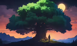 man looking at moon in distance standing on hill under tree,the shadow of a man stands near an enormous tree at sunset