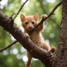 a small kitten in a tree with its paws on the limb