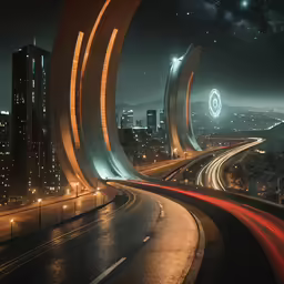 a highway passing by large building with a very long line of traffic