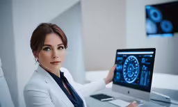 woman holding up computer monitor showing x - ray images