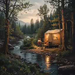 a painting of two people sitting outside of a small tent