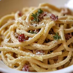 pasta with parmesan cheese and herbs in a bowl