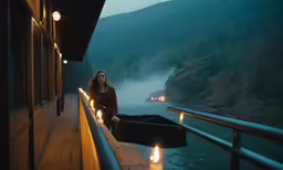 woman sitting on wooden platform with suitcase at night