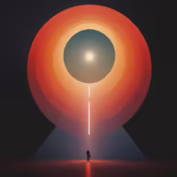 a person is standing in front of an orange and blue background