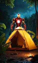 the iron man sits on top of a tent in a jungle,a man is standing outside a tent with the lights on