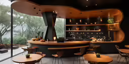 an empty bar with multiple wooden tables