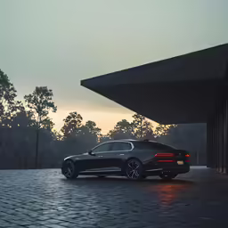 a black car is parked on cobblestone