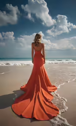 a woman in an orange dress standing on the beach