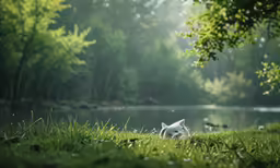 a small white dog in the grass by a pond