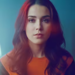 a young woman wearing an orange shirt and looking up
