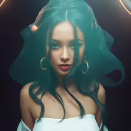 a beautiful young woman with green hair wearing a white dress