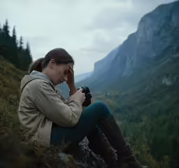woman sitting down on the side of a mountain holding a camera