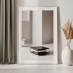 a vase and white photograph frame against a wall with curtains
