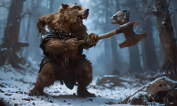 a character with an axe in a snowy forest