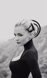 black and white photo of a woman with a ponytail