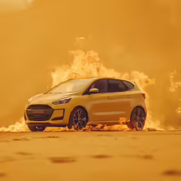the front of a white car on fire