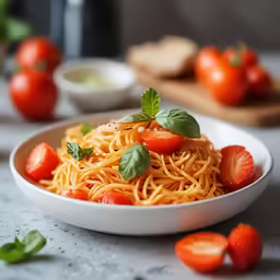 pasta with fresh tomatoes in a white bowl