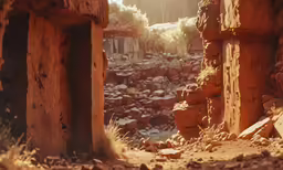 a dirt covered rock city is shown near some trees