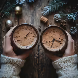 two people with christmas decorations are holding two clocks