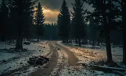 an asphalt path in the middle of a snowy forest with pine trees on both sides
