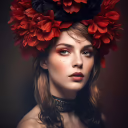 a woman with a red flower hat on her head