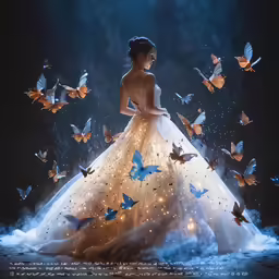 a woman in a white dress and butterflies