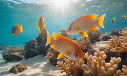 three yellow fish on a bed of corals with sun reflecting off the water