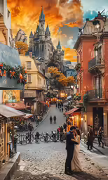 a newly married couple is captured in front of an old - time setting