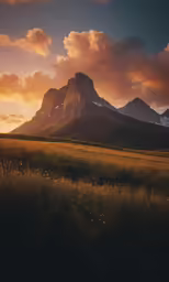 a landscape that features a mountain and yellow flowers