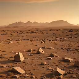 a dirt field is full of rocks and some mountains
