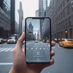a person holds up a cell phone with a photo of a city