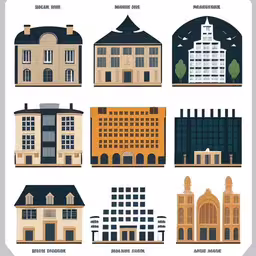 different styles of buildings that are located in the city,various buildings and sizes are displayed in a frame