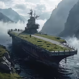 an old, floating, ship that is partially submerged in water