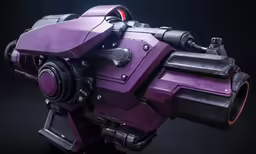 a futuristic purple robot, against a dark background