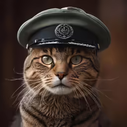 a striped cat wearing a hat with the insignia on