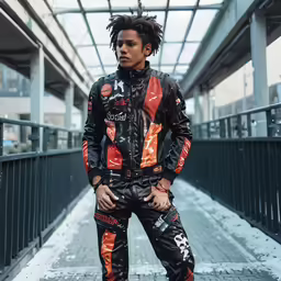 a young man wearing a black and orange racing suit