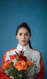 a woman holds a vase with flowers in it
