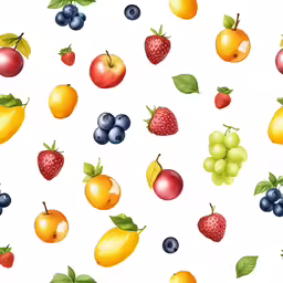 various fruits and berries are arranged together on white