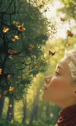 a blonde woman with white hair is standing in the woods and looking at butterflies flying