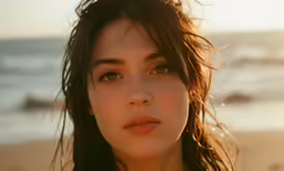 a woman with long hair standing near the ocean