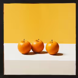 three oranges on an yellow and white background with one orange on the other side