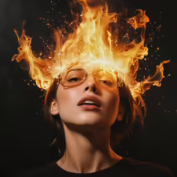 a girl with glasses has flames coming from her face