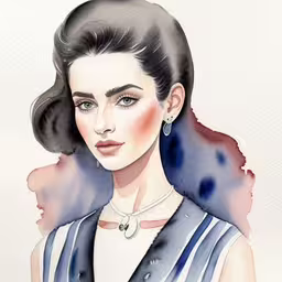 watercolor portrait of woman in blue and white dress