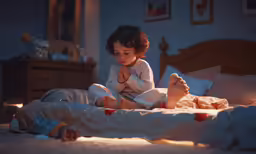 little girl wearing white shirt sitting on bed