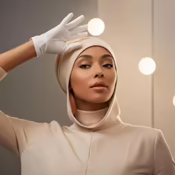 a woman wearing a hijab and gloves in front of lights
