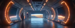 a space station hallway with neon lighting and silhouettes