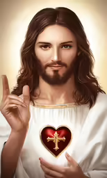 jesus holding a heart shaped golden medal on his chest