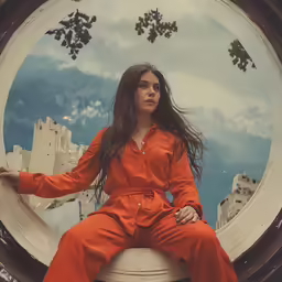 an orange jumpsuit sitting in front of a large mirror